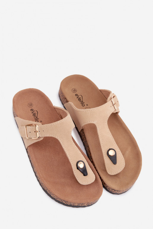 Leather Suede Flip Flops With Gold Buckle Beige Honey