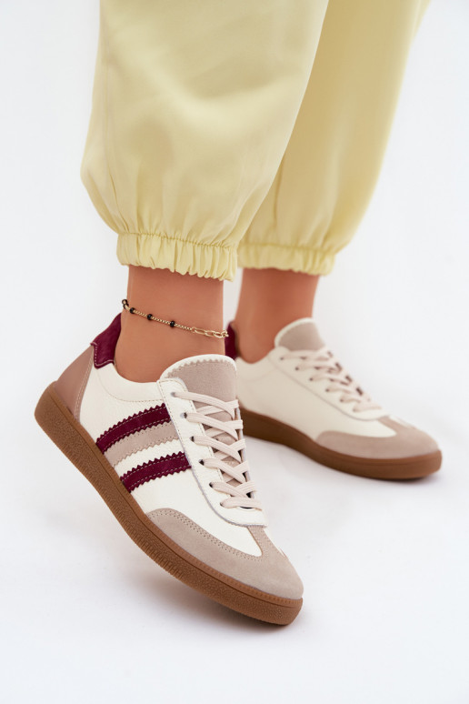 Skórzane Sneakersy Damskie Zazoo N1234S2 Biało-Bordowe