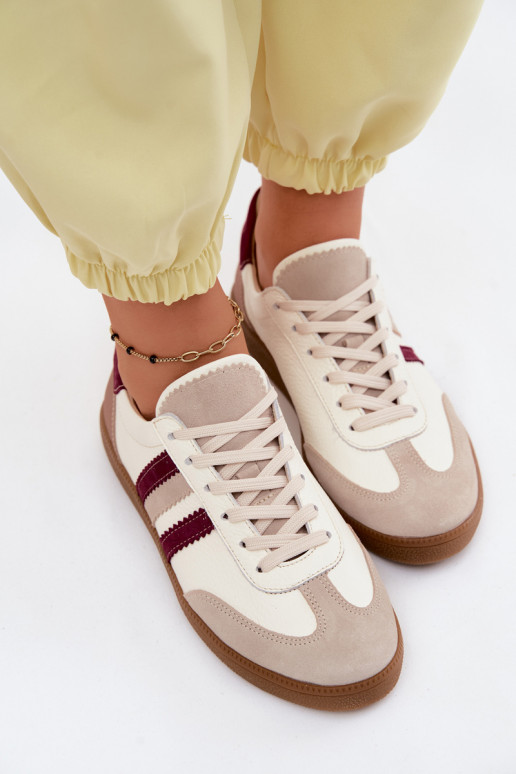 Skórzane Sneakersy Damskie Zazoo N1234S2 Biało-Bordowe
