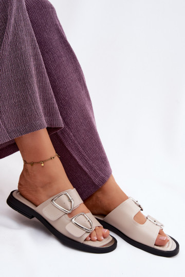 Leather Women's Slides With Straps Vinceza 62304 Beige