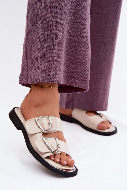 Leather Women's Slides With Straps Vinceza 62304 Beige