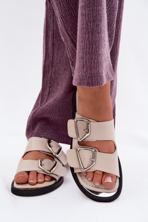 Skórzane Klapki DamskiewithKlamrami Vinceza 62304 Beżowe