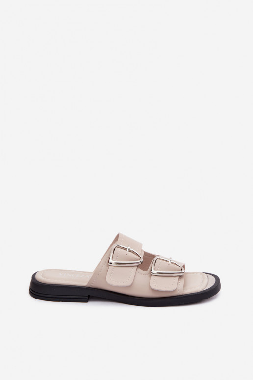 Leather slippers with buckles Vinceza 62304 sand