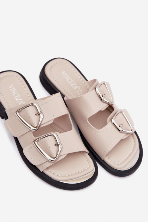 Leather slippers with buckles Vinceza 62304 sand