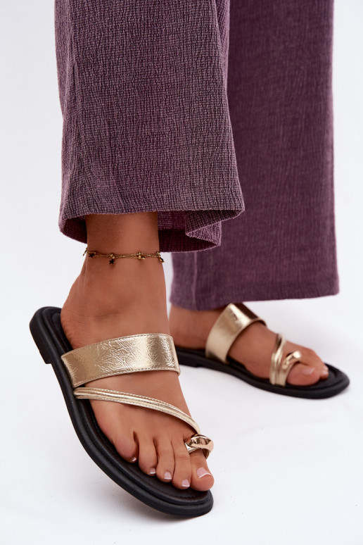 Women's Flat Genuine Leather Sandals Vinceza 66939 Gold