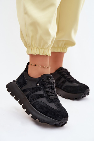 Skórzane Zamszowe Sneakersy Damskie Na Platformie Vinceza 41520 Czarne