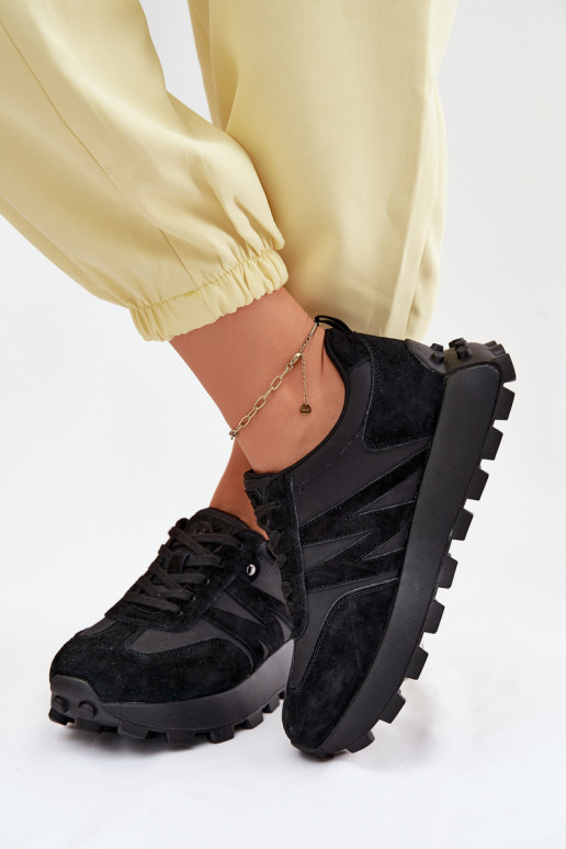 Skórzane Zamszowe Sneakersy Damskie Na Platformie Vinceza 41520 Czarne