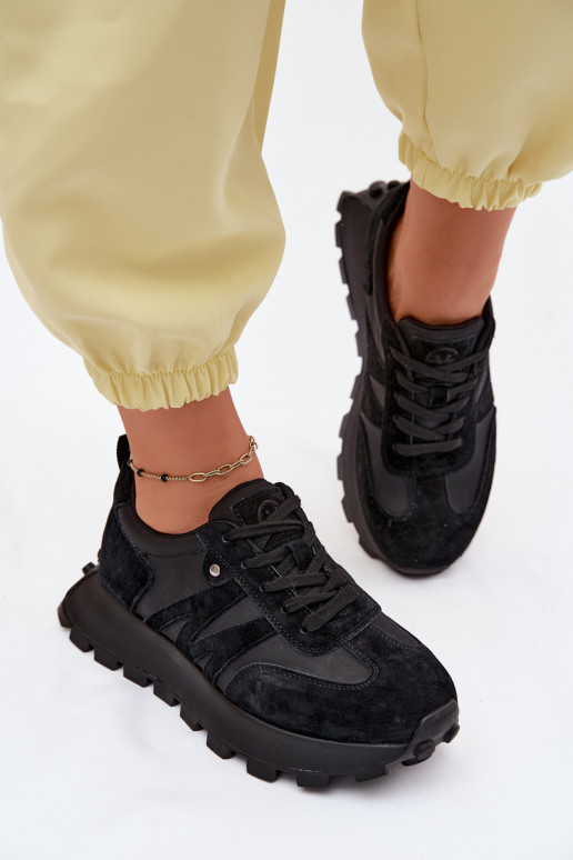 Leather Suede Women's Sneakers On Platform Vinceza 41520 Black