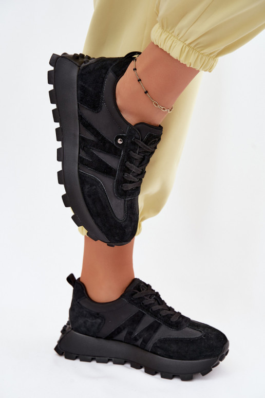 Skórzane Zamszowe Sneakersy Damskie Na Platformie Vinceza 41520 Czarne