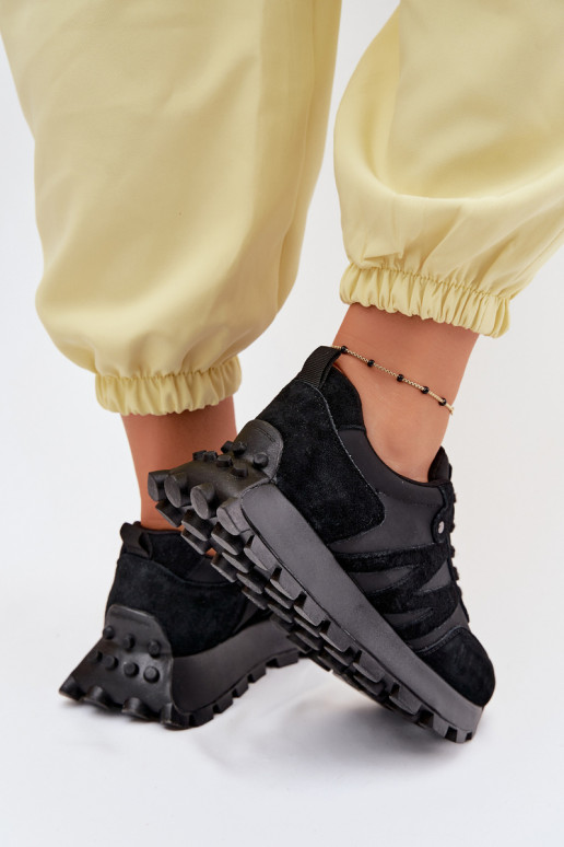 Skórzane Zamszowe Sneakersy Damskie Na Platformie Vinceza 41520 Czarne