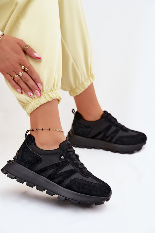 Skórzane Zamszowe Sneakersy Damskie Na Platformie Vinceza 41520 Czarne