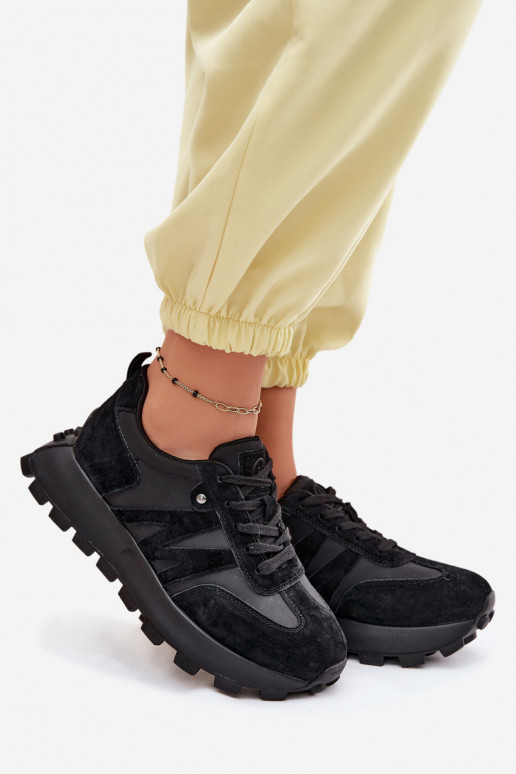 Skórzane Zamszowe Sneakersy Damskie Na Platformie Vinceza 41520 Czarne