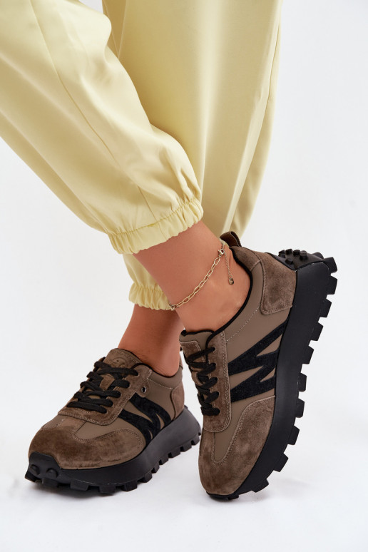 Women's Leather Suede Sneakers with Platform Vinceza 41520 Dark Green