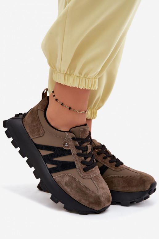 Skórzane Zamszowe Sneakersy Damskie Na Platformie Vinceza 41520 Ciemnozielone