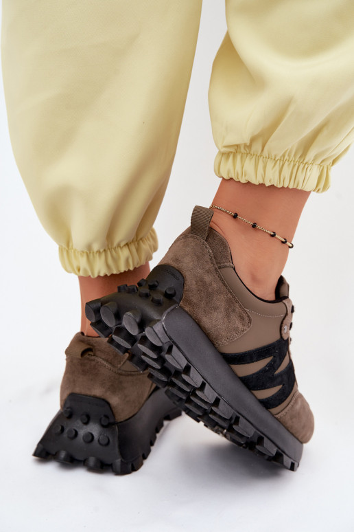 Skórzane Zamszowe Sneakersy Damskie Na Platformie Vinceza 41520 Ciemnozielone