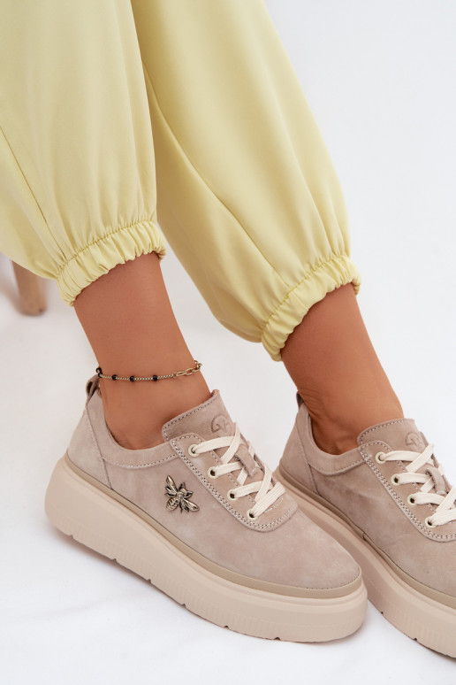 Leather Suede Women's Platform Shoes Vinceza 41523 Beige