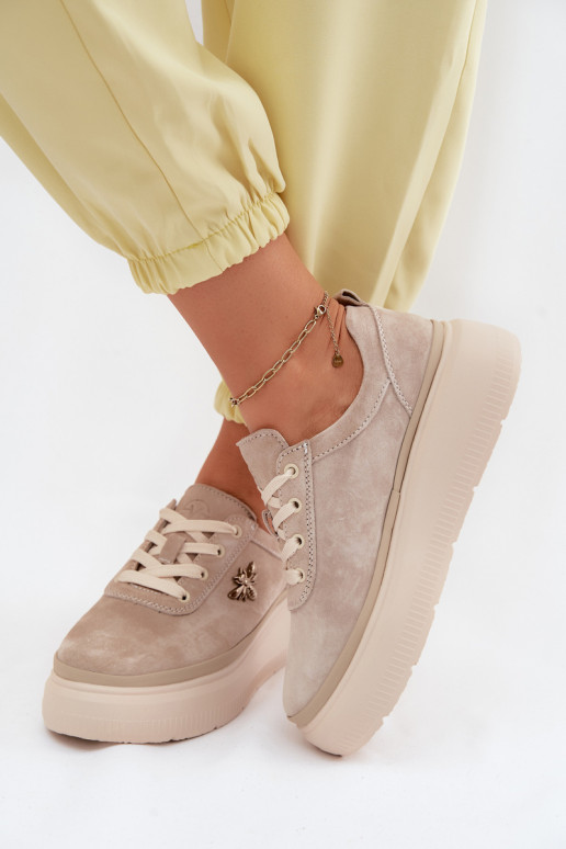 Leather Suede Women's Platform Shoes Vinceza 41523 Beige