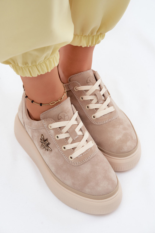 Leather Suede Women's Platform Shoes Vinceza 41523 Beige