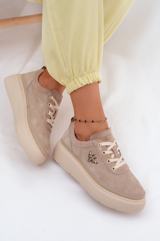 Leather Suede Women's Platform Shoes Vinceza 41523 Beige