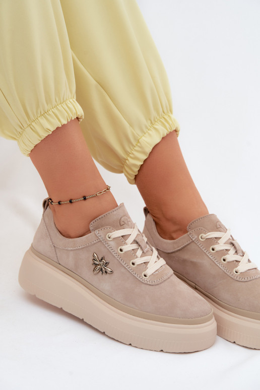 Leather Suede Women's Platform Shoes Vinceza 41523 Beige
