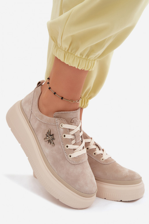 Leather Suede Women's Platform Shoes Vinceza 41523 Beige