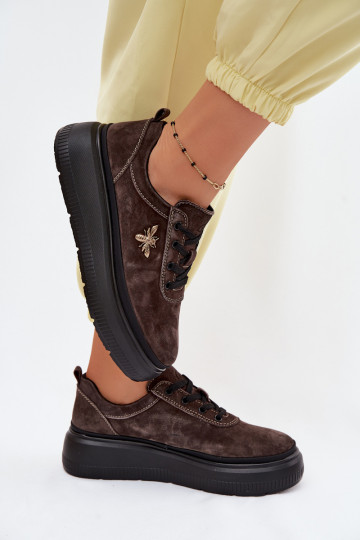 Leather Suede Women's Platform Shoes Vinceza 41523 Chocolate