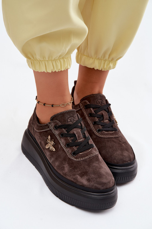 Leather Suede Women's Platform Shoes Vinceza 41523 Chocolate