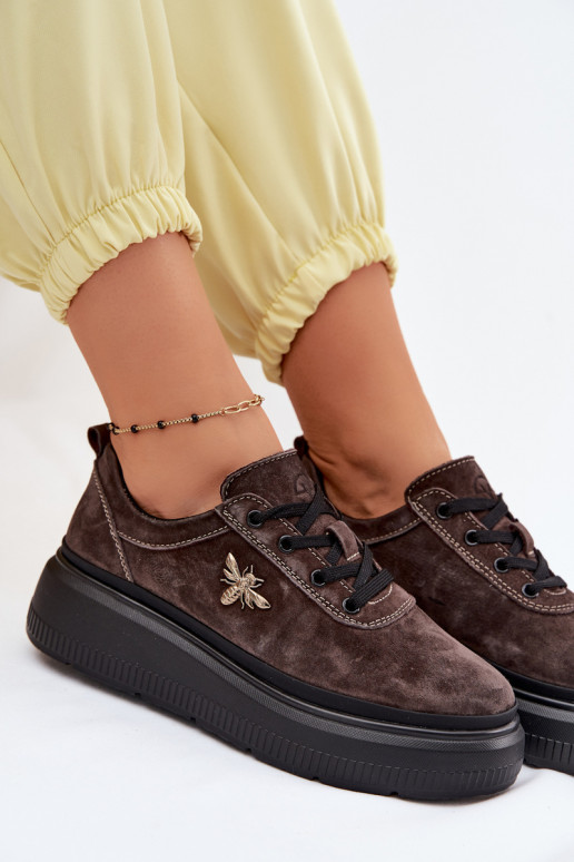 Leather Suede Women's Platform Shoes Vinceza 41523 Chocolate