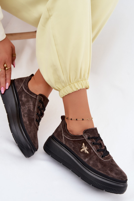 Leather Suede Women's Platform Shoes Vinceza 41523 Chocolate