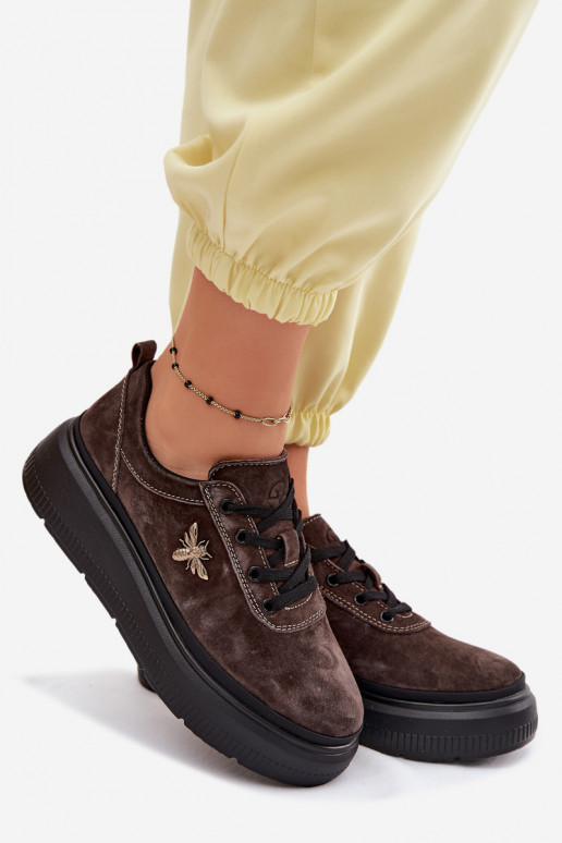 Leather Suede Women's Platform Shoes Vinceza 41523 Chocolate