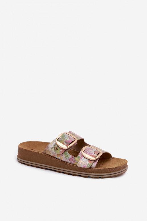 Leather patterned slippers with buckles in various colors