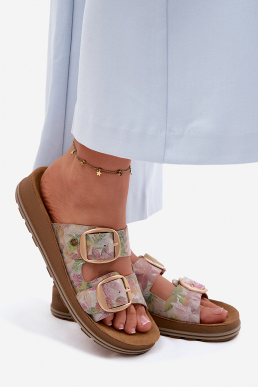 Leather Patterned Slides With Straps Maciejka P7537-39 Multicolor