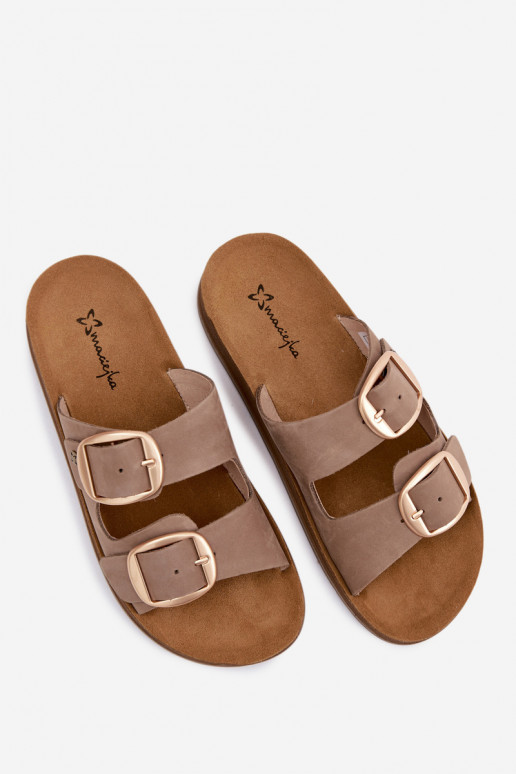 Leather slippers with buckles in sand color