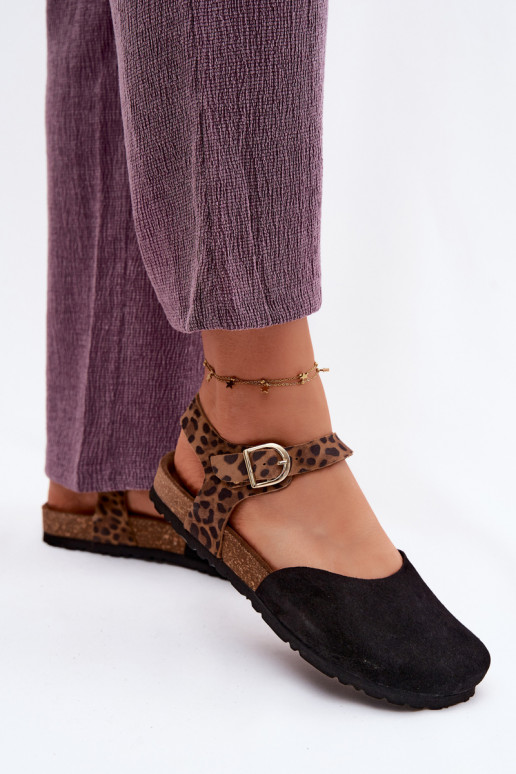 Leather women's suede sandals with closed toes in black