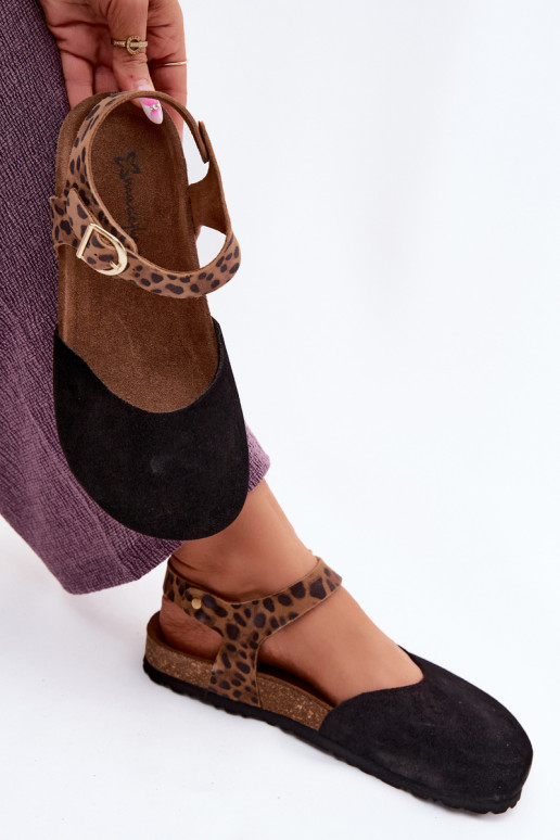 Leather women's suede sandals with closed toes in black