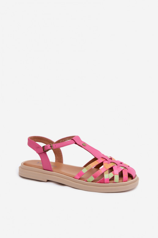 Leather flat sandals for women with straps in pink