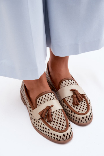 Leather women's moccasins with perforated elements in brown-sand color