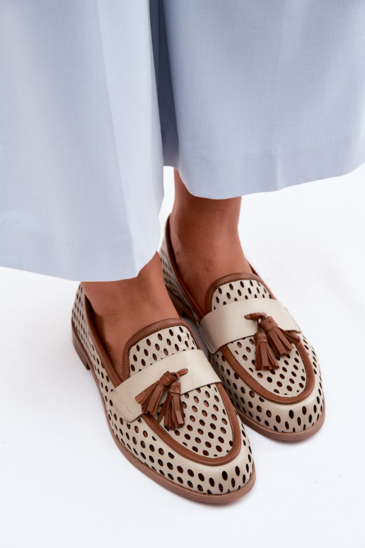 Leather Openwork Women's Loafers Maciejka HJ760-14 Brown-Beige