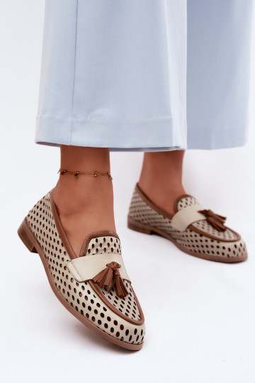 Leather women's moccasins with perforated elements in brown-sand color 2