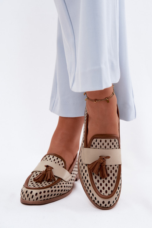 Leather Openwork Women's Loafers Maciejka HJ760-14 Brown-Beige