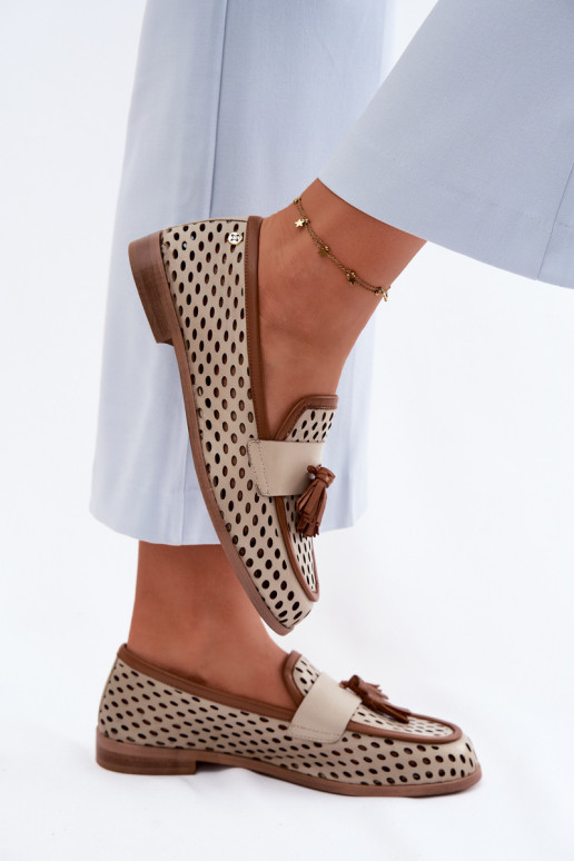 Skórzane Ażurowe Półbuty Mokasyny Damskie Maciejka HJ760-14 Brązowo-Beżowe