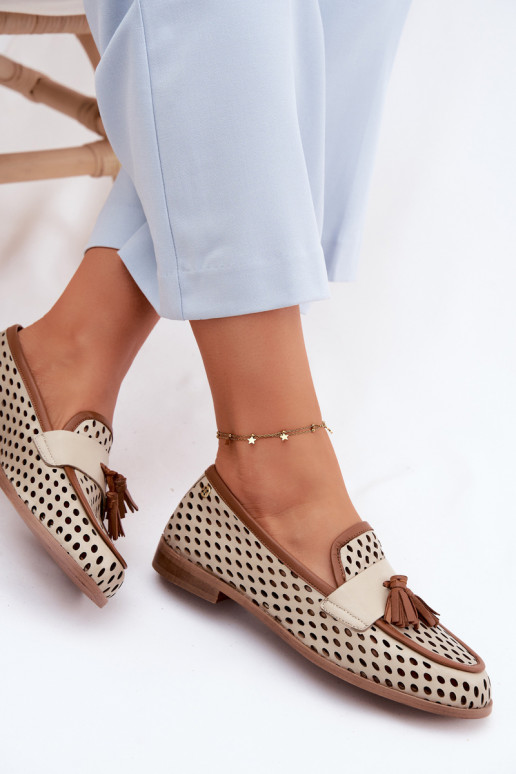 Leather women's moccasins with perforated elements in brown-sand color