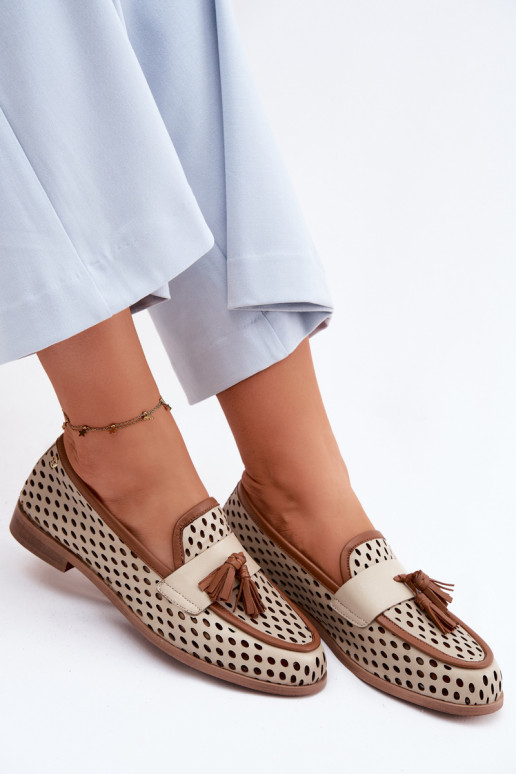 Leather Openwork Women's Loafers Maciejka HJ760-14 Brown-Beige