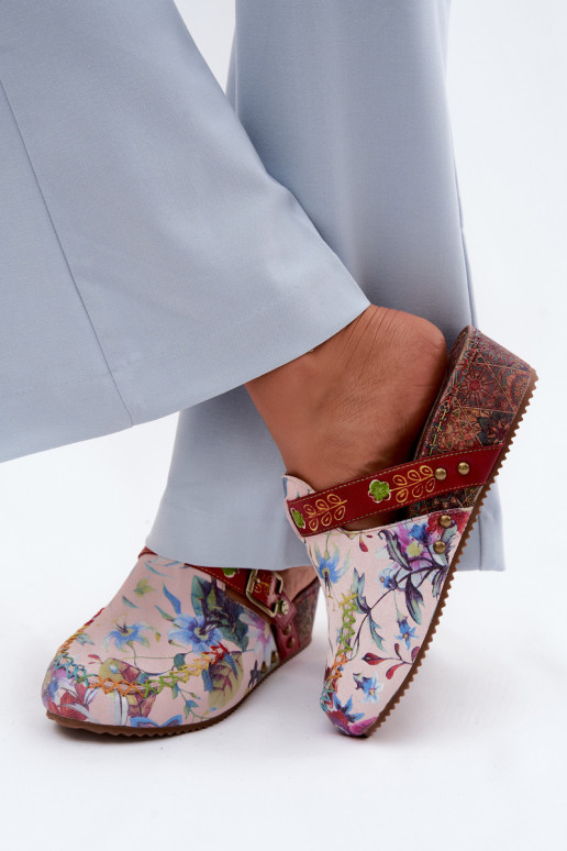 Leather Women's Mules with Wedge with Flowers Maciejka K7409-15 Multicolor