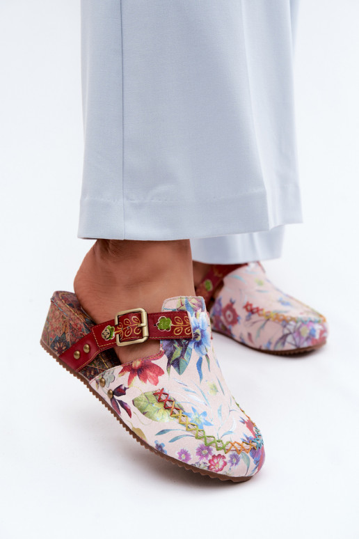 Leather Women's Mules with Wedge with Flowers Maciejka K7409-15 Multicolor