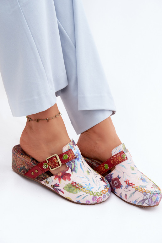 Leather Women's Mules with Wedge with Flowers Maciejka K7409-15 Multicolor