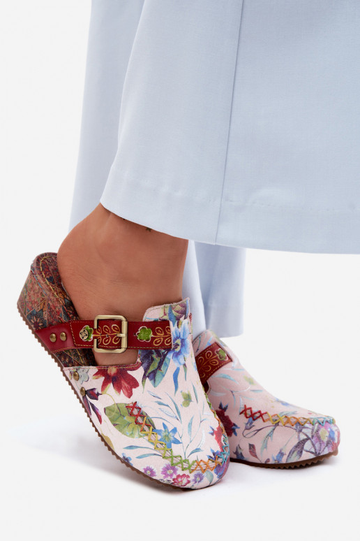 Leather Women's Mules with Wedge with Flowers Maciejka K7409-15 Multicolor