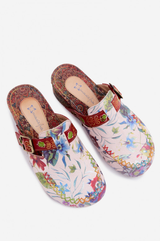 Leather Women's Mules with Wedge with Flowers Maciejka K7409-15 Multicolor