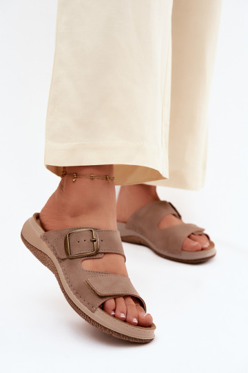 Women's slippers with buckles and sticky closure in brown 2