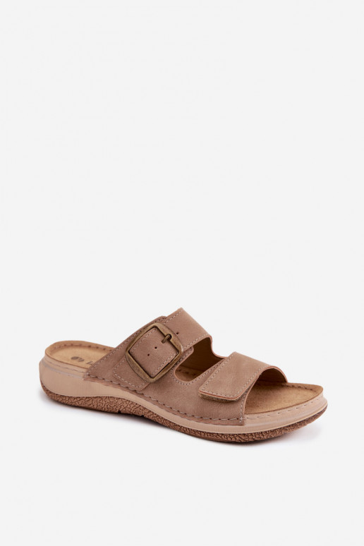 Women's slippers with buckles and sticky closure in brown